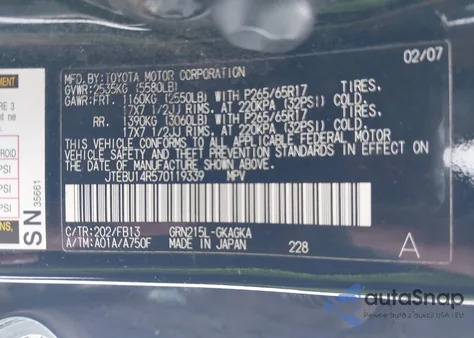 2007 Toyota 4Runner Sport V6 from USA, damaged, VIN JTEBU14R570119339